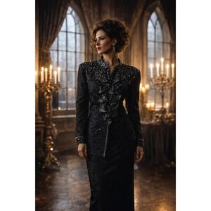 VTG Aussie Austine 2-Piece Black Sequin Suit Blouse Skirt 80s Goth Glam Evening